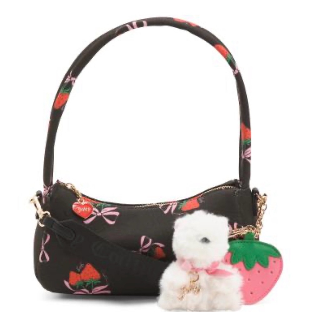 Black Strawberry Print Mini Shoulder Bag with Plush Charm